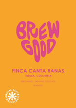Load image into Gallery viewer, Brew Good coffee label with pink text on a yellow background