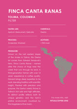Load image into Gallery viewer, Product label for Finca Canta Ranas coffee from Tolima, Colombia on a pink background