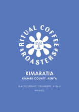 Load image into Gallery viewer, Kimaratia for filter by Ritual Coffee Roasters – Kiambu County, Kenya. Coffee label on blue background with tasting notes: blackcurrant, cranberr and assam .