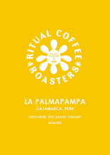 Load image into Gallery viewer, La Palmapampa by Ritual Coffee Roasters – Cajamarca, Peru. Coffee label on yellow background with tasting notes: nectarine, red grape and creamy.