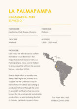 Load image into Gallery viewer, La Palmapampa for Espesso by Ritual Coffee Roasters – Cajamarca, Peru. Info card with tasting notes nectarine, red grape and creamy, washed process, Caturra varietal, 1800-1900 MASL altitude. Includes producer details and map of South America identifying Peru