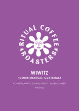 Load image into Gallery viewer, Wiwitz for Filter by Ritual Coffee Roasters – Huehuetenango, Guatemala. Coffee label on purple background with tasting notes: pomegranate, stewed fruits and elderflower.