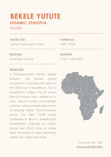 Load image into Gallery viewer, Coffee label for Bekele Yutute from Sidamo, Ethiopia with text and a map of Africa.