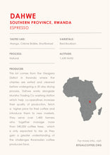Load image into Gallery viewer, Dahwe coffee label with information about Southern Province, Rwanda espresso