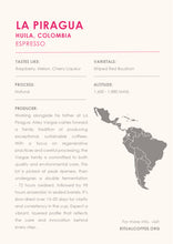 Load image into Gallery viewer, La Piragua for Espresso by Ritual Coffee Roasters – Huila, Colombia. Info card showing tasting notes raspberry, melon, cherry liqueur, natural process, striped red bourbon varietal, altitude 1,600–1,880 MASL, producer Arley Vargas, with a map of South America identifying Columbia.