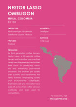 Load image into Gallery viewer, Coffee label for Nestor Lasso Ombligon with product details on a pink background